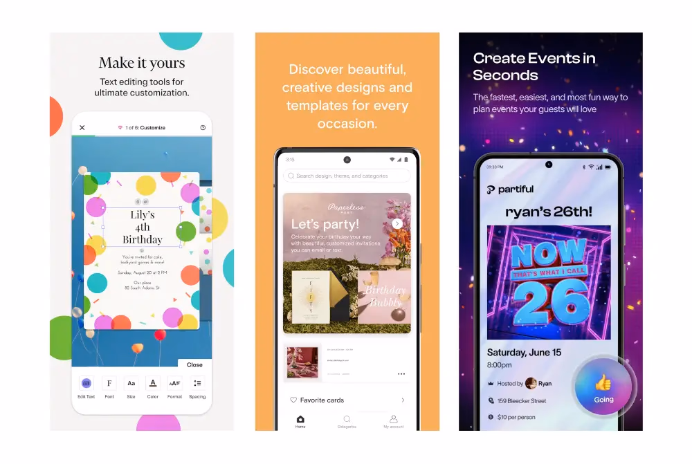 Evite, Paperless Post, Partiful 앱 © Google Play Store