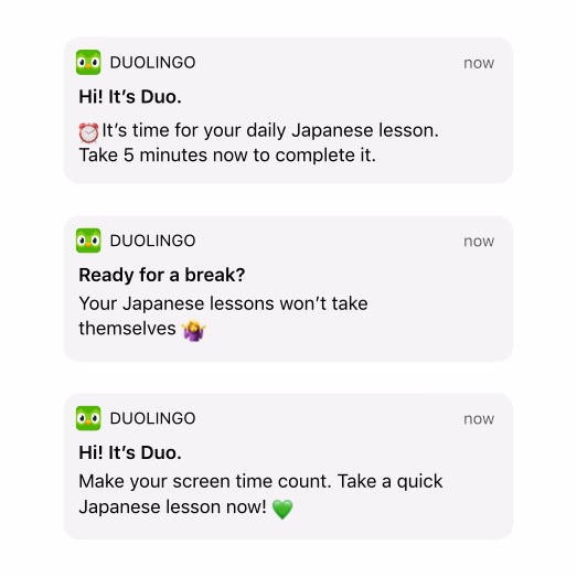 푸쉬 메시지 하나라도 허투루 보내지 않는다 © Duolingo